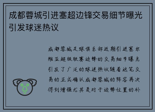 成都蓉城引进塞超边锋交易细节曝光引发球迷热议