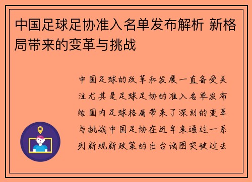 中国足球足协准入名单发布解析 新格局带来的变革与挑战