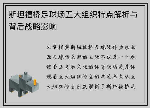 斯坦福桥足球场五大组织特点解析与背后战略影响